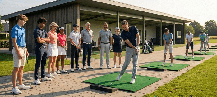 Groepje beginners tijdens de eendaagse GVB-cursus op de driving range
